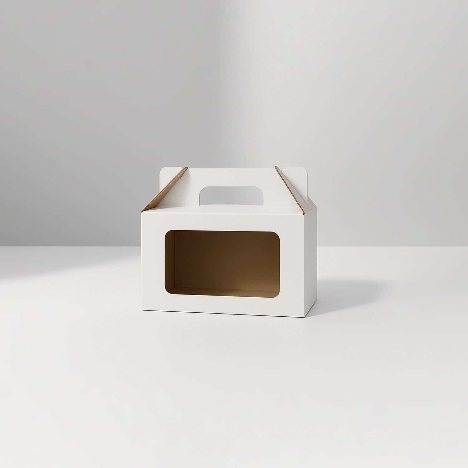 White carry handle box with a front window cutout and kraft interior