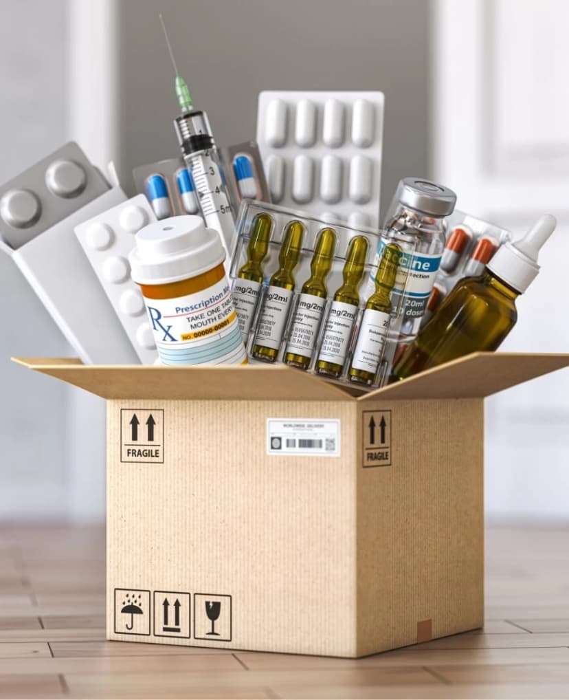 Open Cardboard Box With Medicines and Healthcare