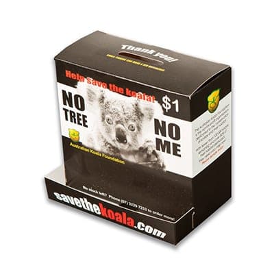 Cardboard donation box with printed graphics