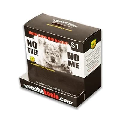 Cardboard donation box with printed graphics